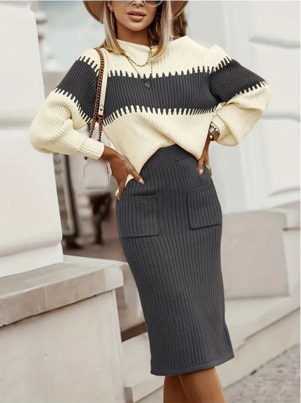 Valentinia - Knitting Set - Long-Sleeve Sweater and Slim Midi Skirt