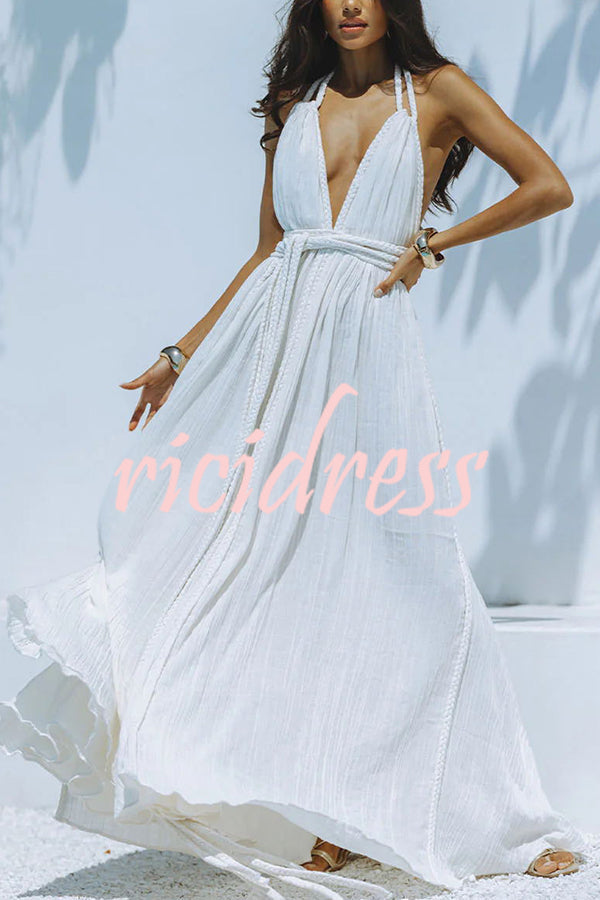 Skye – Draped Maxi Dress in Linen Blend with Deep V-Neck, Halter Neck, and Backless Overlay