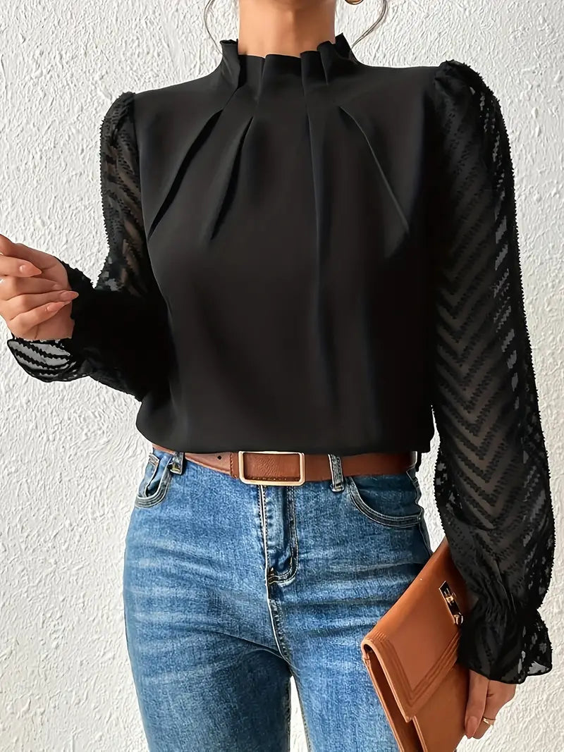 Kolbrun | Stylish Pleated Top with Mesh Sleeves for Women