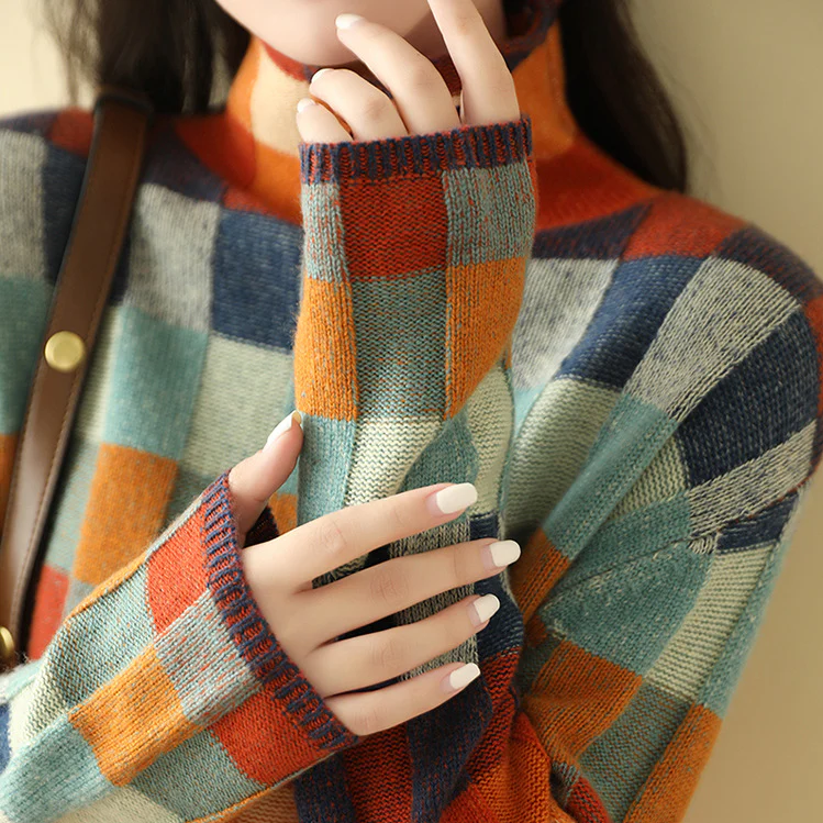 Adalynn™ - Colorful Turtleneck Sweater with Patchwork Knit Pattern