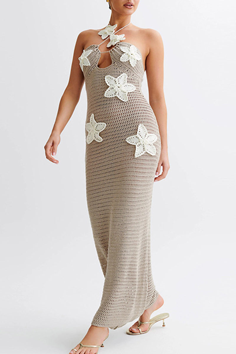 Daisy - Sexy Floral Hollowed Patchwork Backless Halter Long Dresses with Straps (3 Colors)