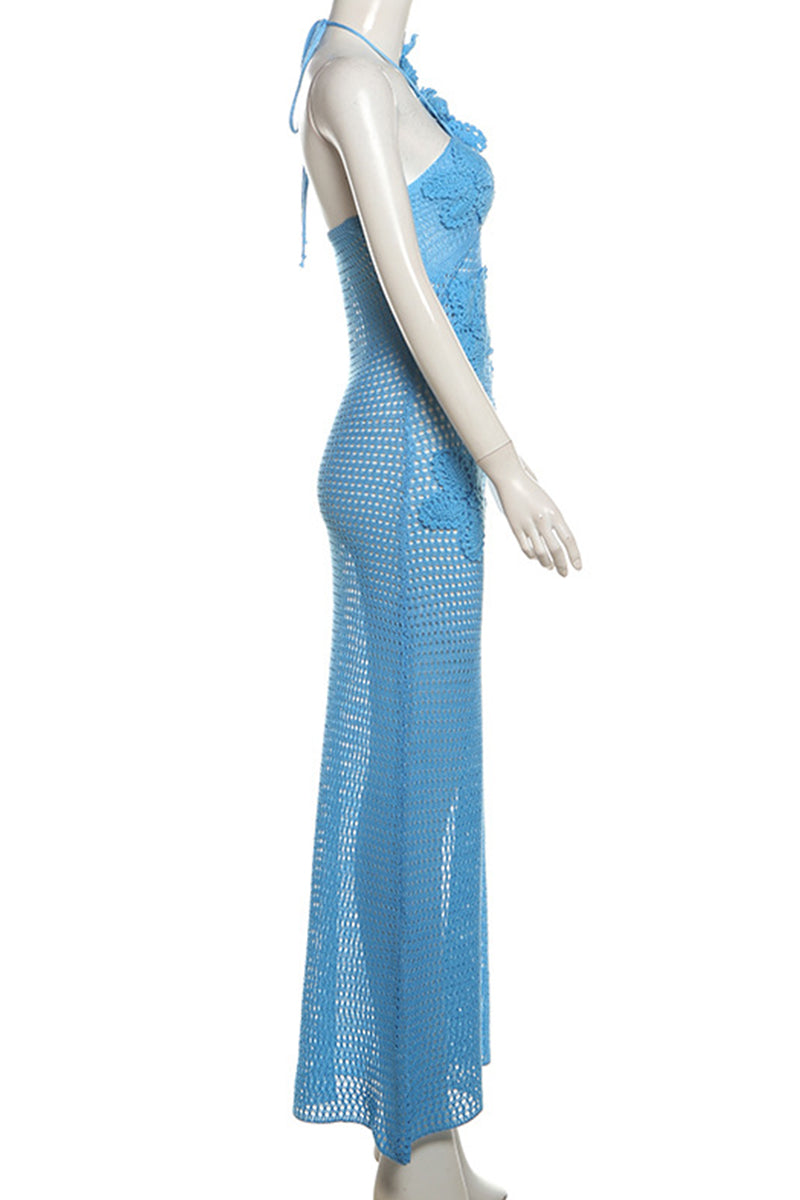 Daisy - Sexy Floral Hollowed Patchwork Backless Halter Long Dresses with Straps (3 Colors)