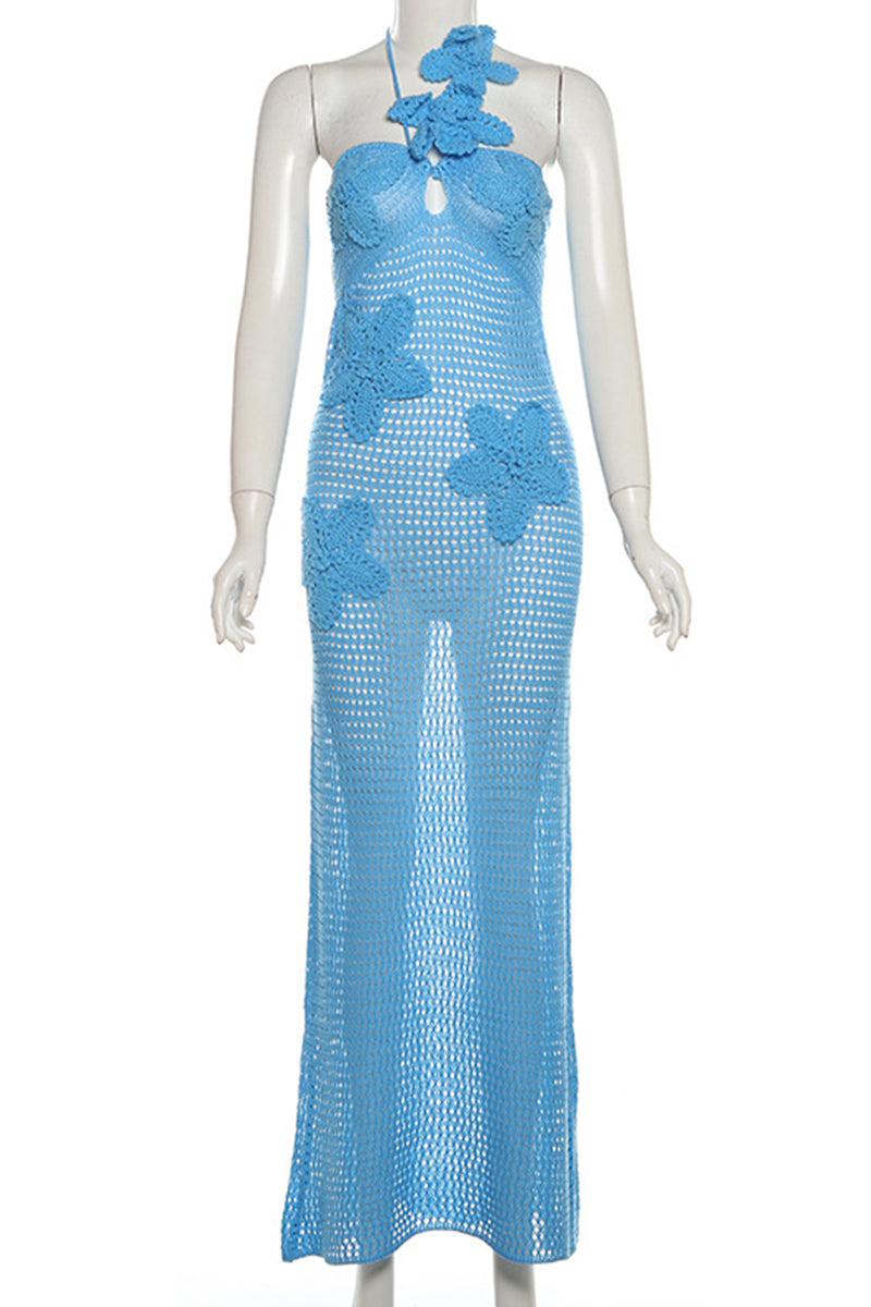 Daisy - Sexy Floral Hollowed Patchwork Backless Halter Long Dresses with Straps (3 Colors)