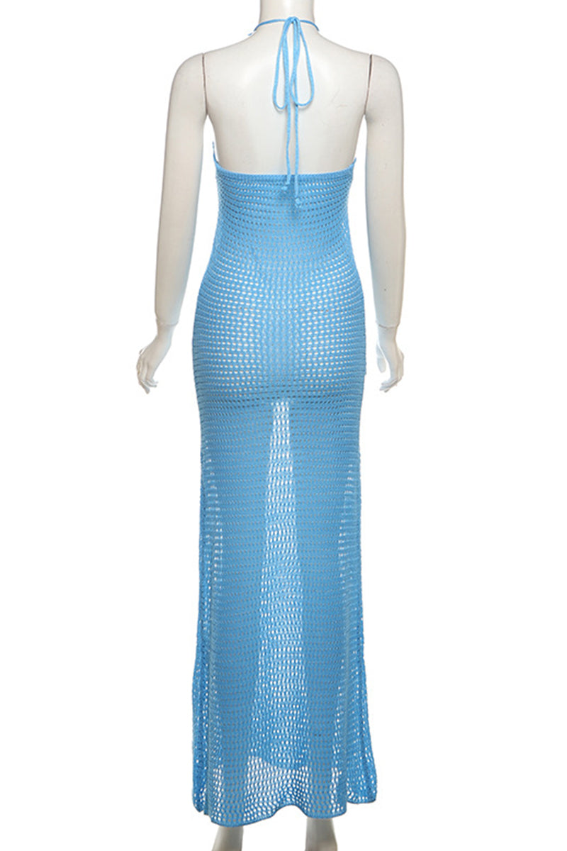 Daisy - Sexy Floral Hollowed Patchwork Backless Halter Long Dresses with Straps (3 Colors)