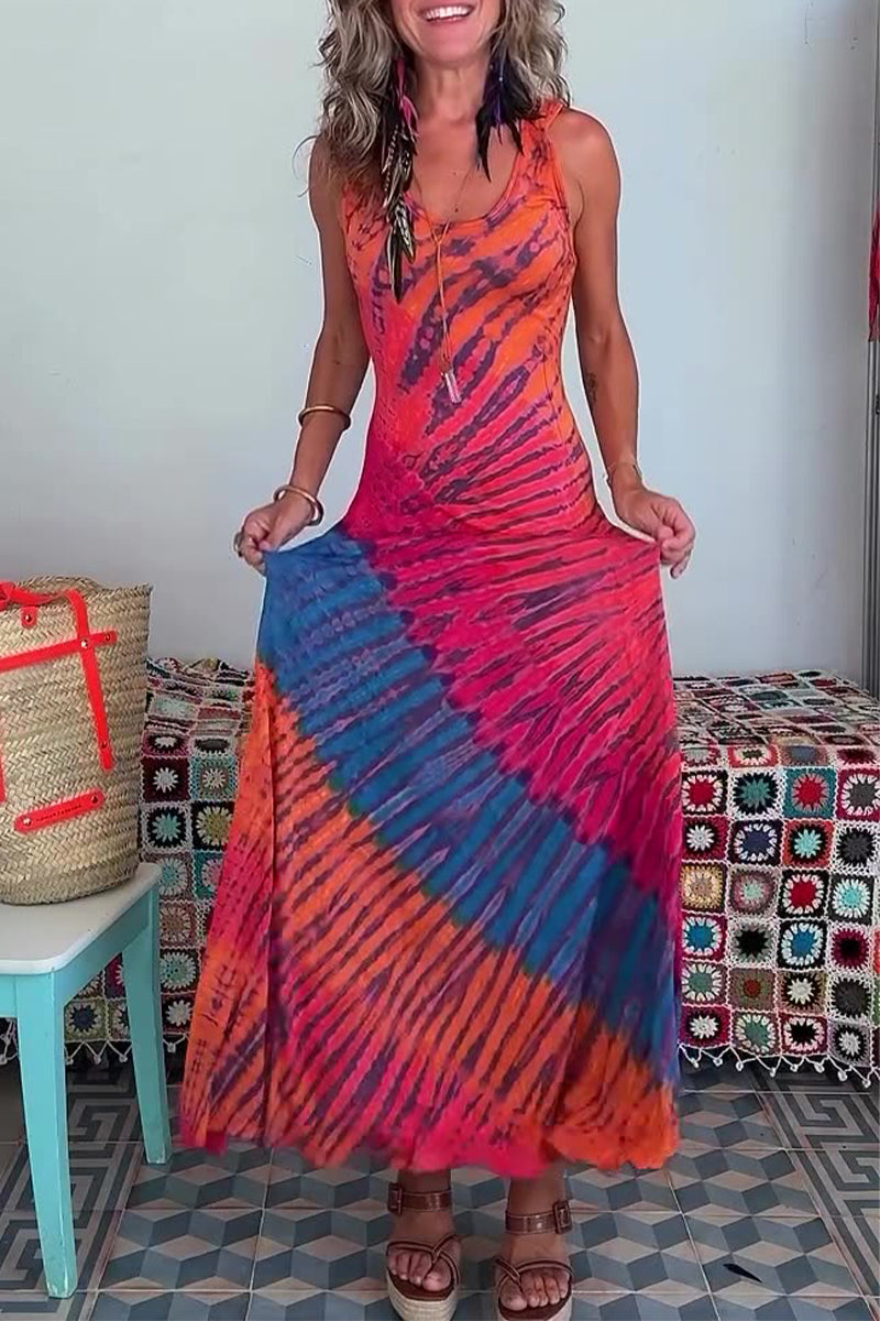 Chloe - Sexy Vacation Dresses with Tie-Dye Print and Strap Design with Contrasting Round Neckline