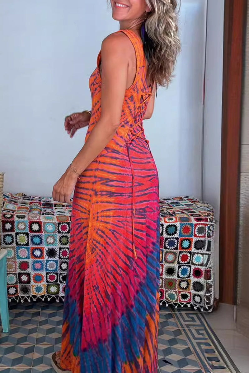 Chloe - Sexy Vacation Dresses with Tie-Dye Print and Strap Design with Contrasting Round Neckline
