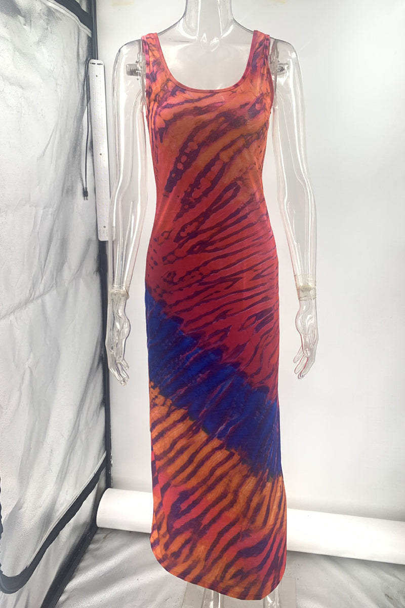 Chloe - Sexy Vacation Dresses with Tie-Dye Print and Strap Design with Contrasting Round Neckline