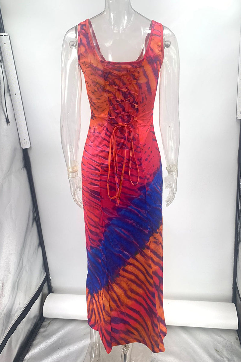Chloe - Sexy Vacation Dresses with Tie-Dye Print and Strap Design with Contrasting Round Neckline