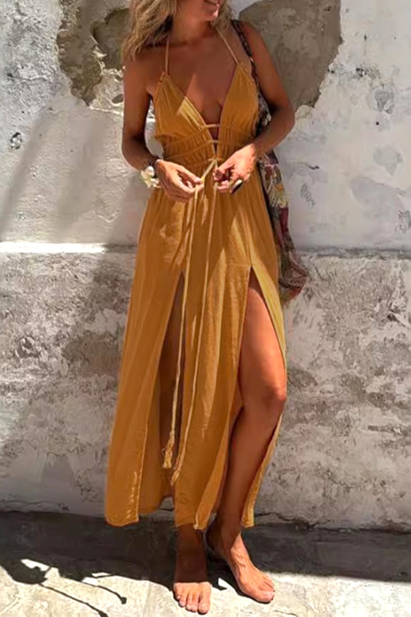Lila - Sexy Vacation Solid Color Strap Dress with Slit Band and Irregular Dresses