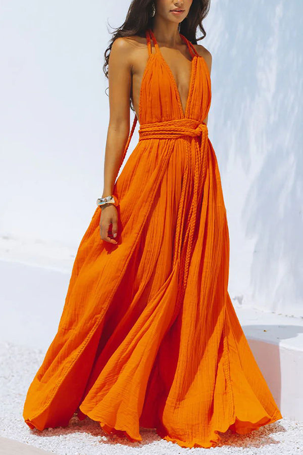 Skye – Draped Maxi Dress in Linen Blend with Deep V-Neck, Halter Neck, and Backless Overlay