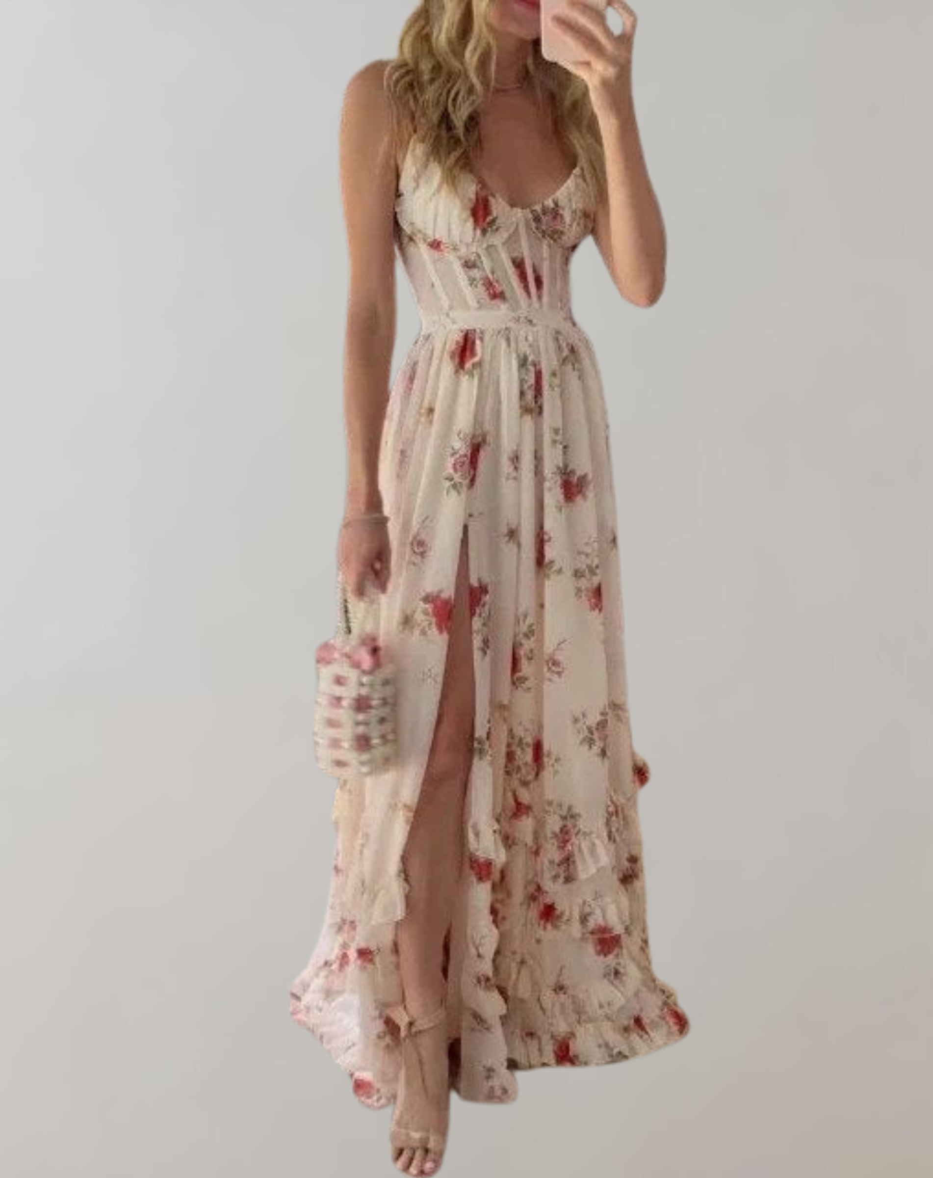 Elva - Sleeveless, fitted dress with floral print and sexy thigh slit