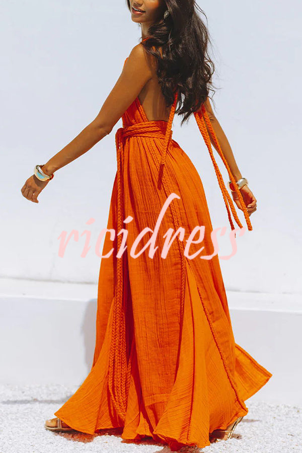 Skye – Draped Maxi Dress in Linen Blend with Deep V-Neck, Halter Neck, and Backless Overlay