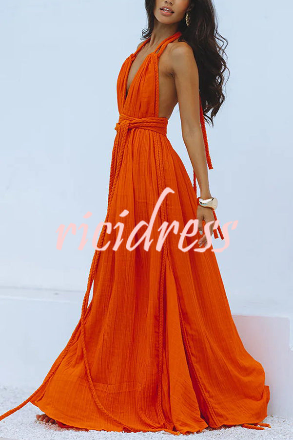 Skye – Draped Maxi Dress in Linen Blend with Deep V-Neck, Halter Neck, and Backless Overlay
