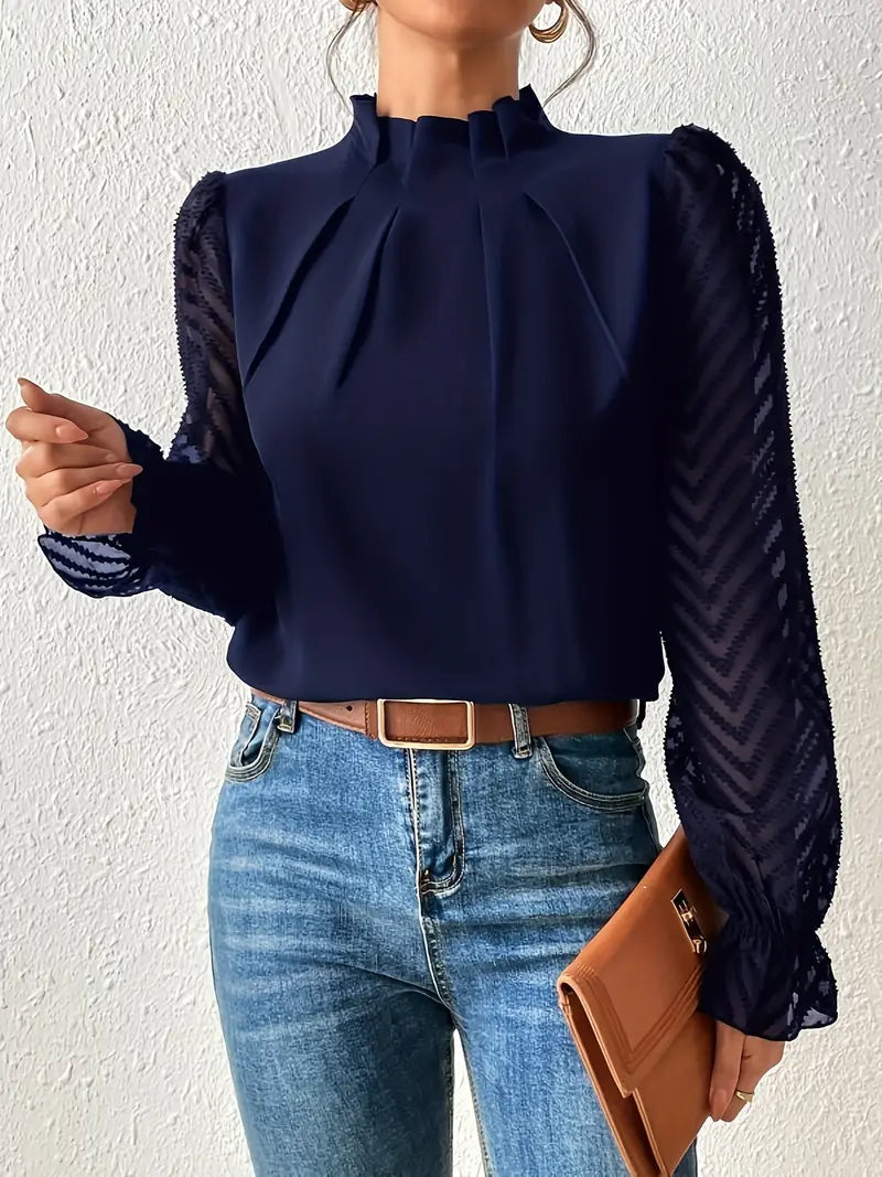 Kolbrun | Stylish Pleated Top with Mesh Sleeves for Women