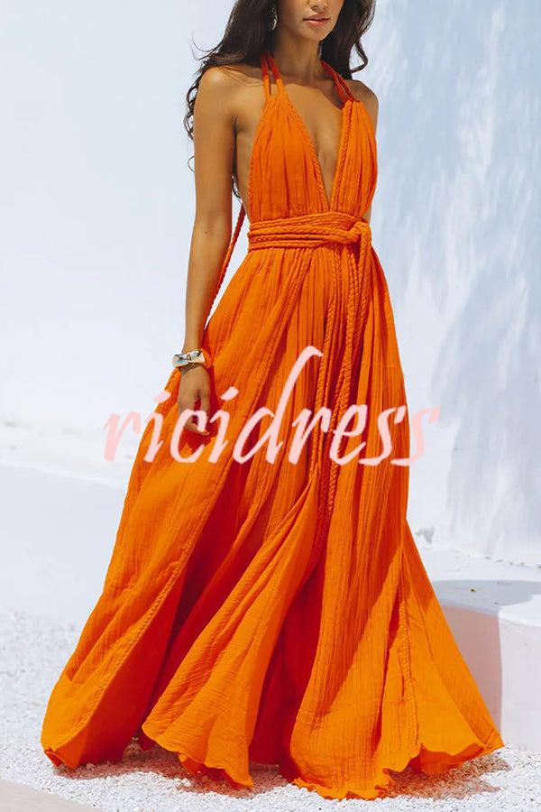 Skye – Draped Maxi Dress in Linen Blend with Deep V-Neck, Halter Neck, and Backless Overlay