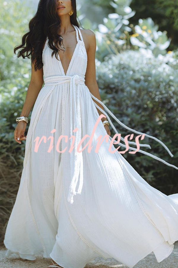 Skye – Draped Maxi Dress in Linen Blend with Deep V-Neck, Halter Neck, and Backless Overlay