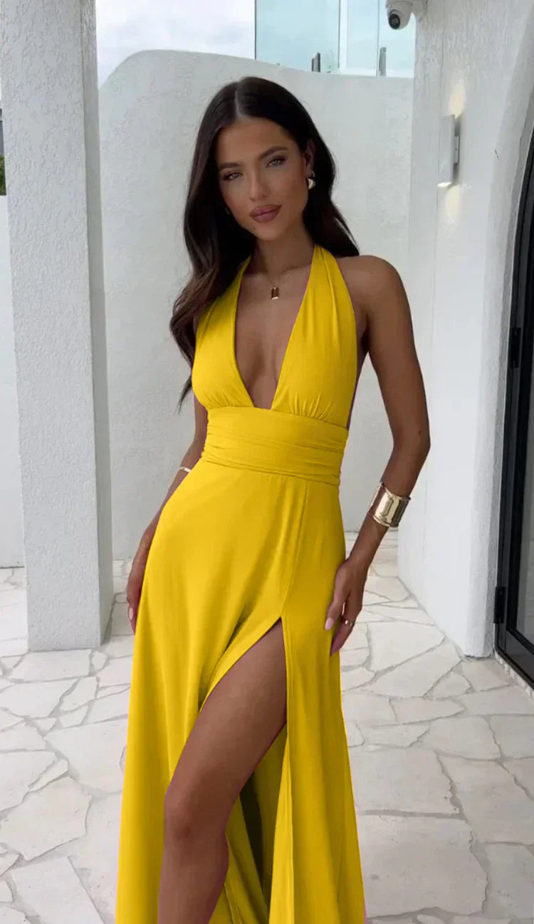 Jessica - Sexy Deep V-Neck Split Solid Color Dress