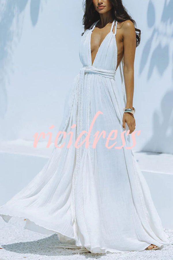 Skye – Draped Maxi Dress in Linen Blend with Deep V-Neck, Halter Neck, and Backless Overlay