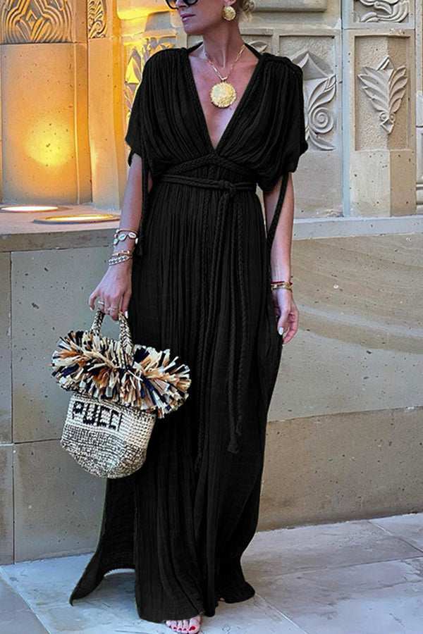 Kiara - Greek Style Linen Blend Kimono Maxi Dress with Braids and Slit