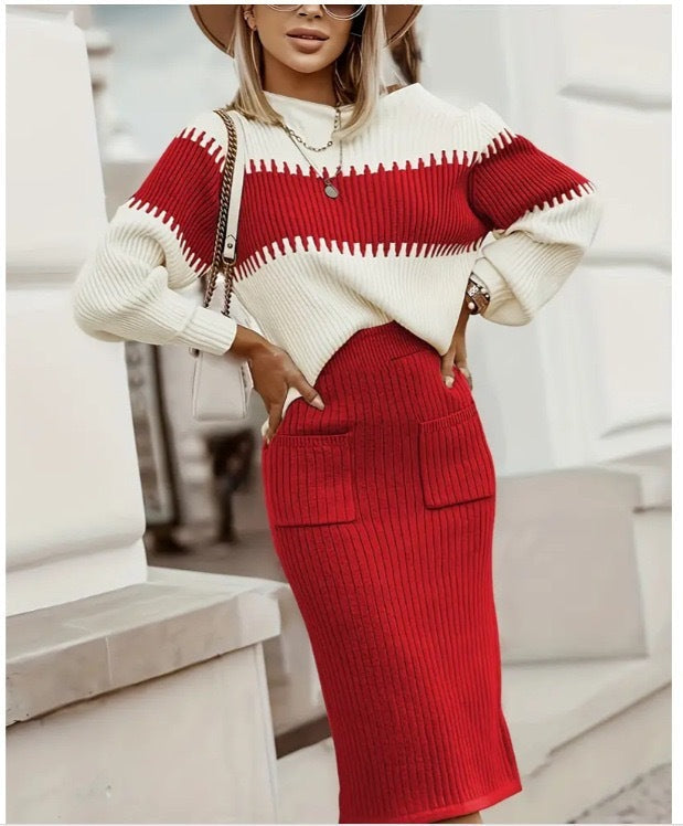 Valentinia - Knitting Set - Long-Sleeve Sweater and Slim Midi Skirt