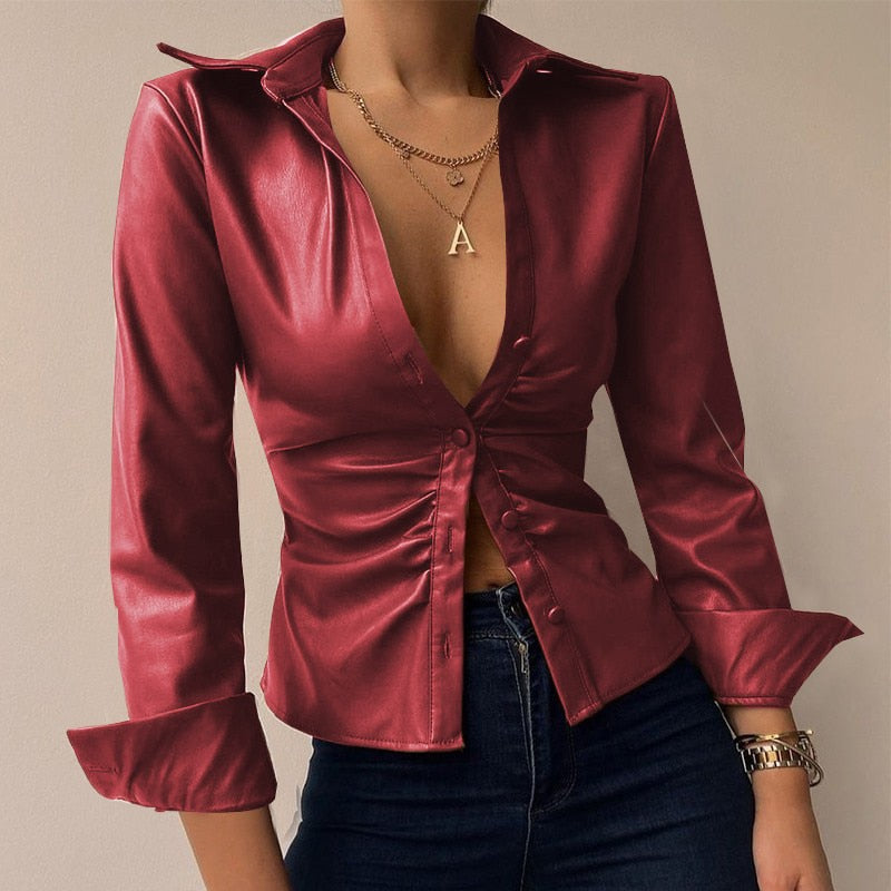 Silvia | V-Neck Printed PU Leather Long Sleeve Patchwork Blouse