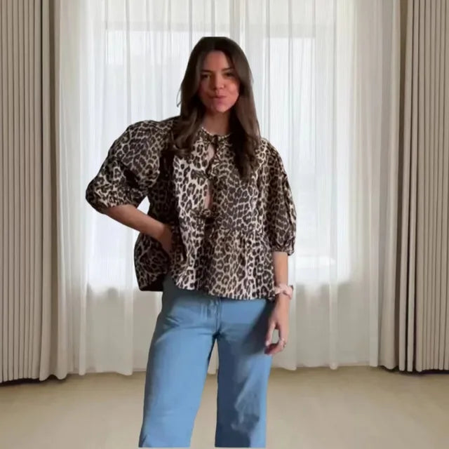 Rose | Trendy Blouse with Leopard Print and Puff Sleeves
