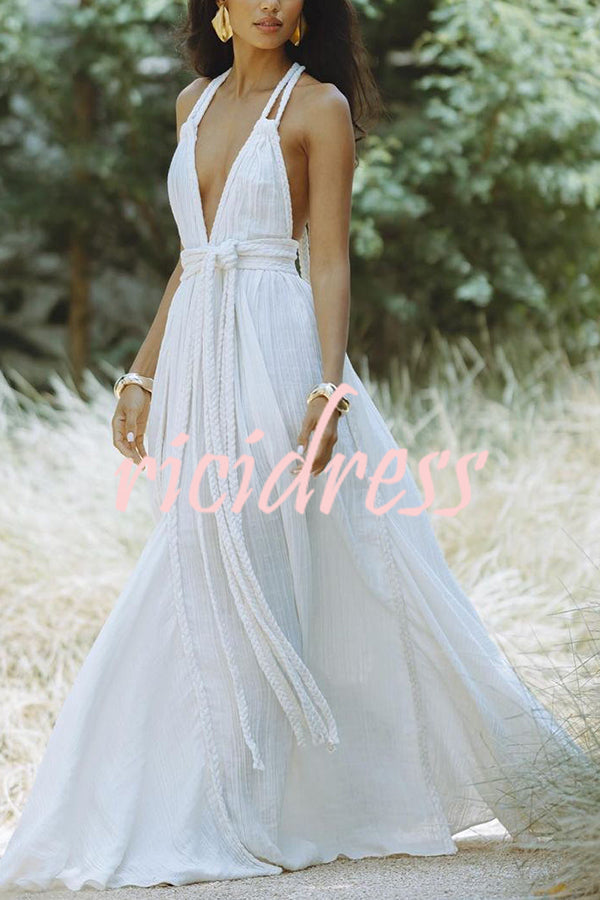 Skye – Draped Maxi Dress in Linen Blend with Deep V-Neck, Halter Neck, and Backless Overlay
