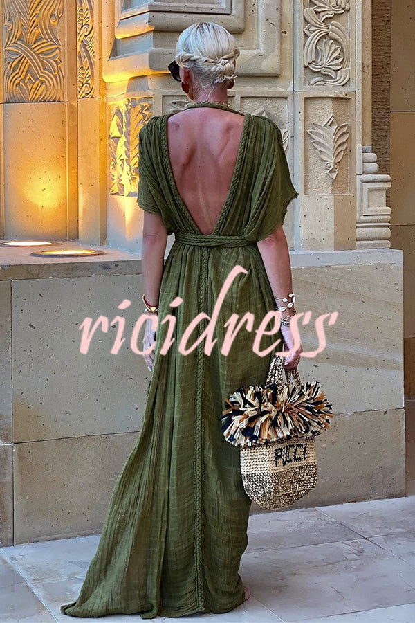 Kiara - Greek Style Linen Blend Kimono Maxi Dress with Braids and Slit