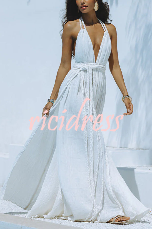 Skye – Draped Maxi Dress in Linen Blend with Deep V-Neck, Halter Neck, and Backless Overlay