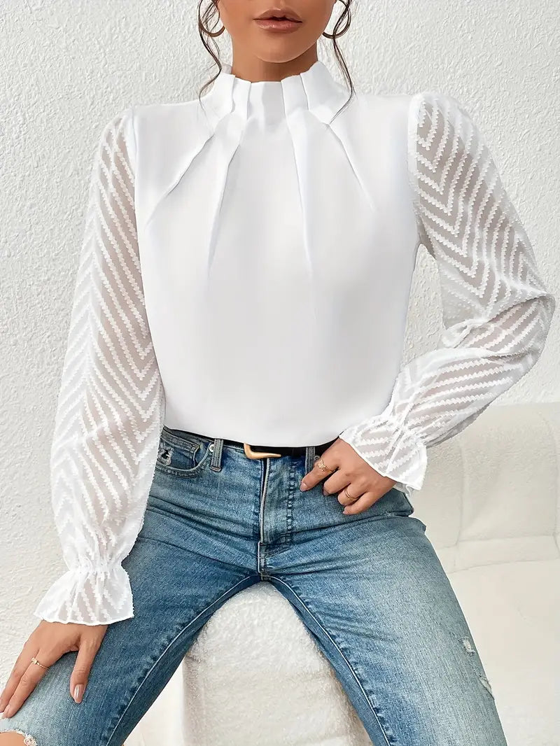 Kolbrun | Stylish Pleated Top with Mesh Sleeves for Women
