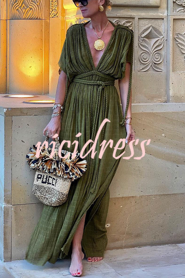 Kiara - Greek Style Linen Blend Kimono Maxi Dress with Braids and Slit
