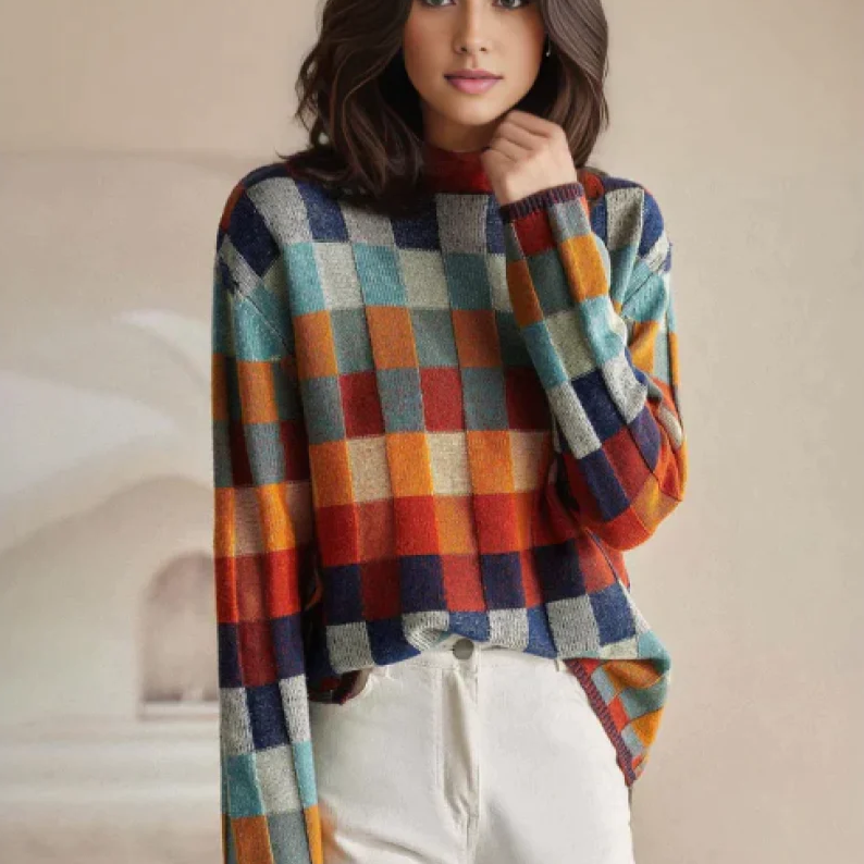 Adalynn™ - Colorful Turtleneck Sweater with Patchwork Knit Pattern
